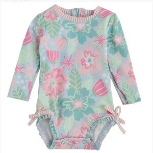 NWT Ruffle Butts Rash Guard Swim Suit SPF 50 In Bloom 12-18 month Toddler Swim